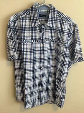 7 Diamonds Men's Blue Plaid Short Sleeve Button Down Shirt XL